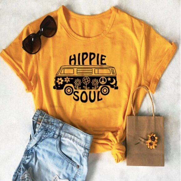 Boho Hippie Soul Van Life Fun Graphic Tee Yellow Medium - Picture 1 of 7